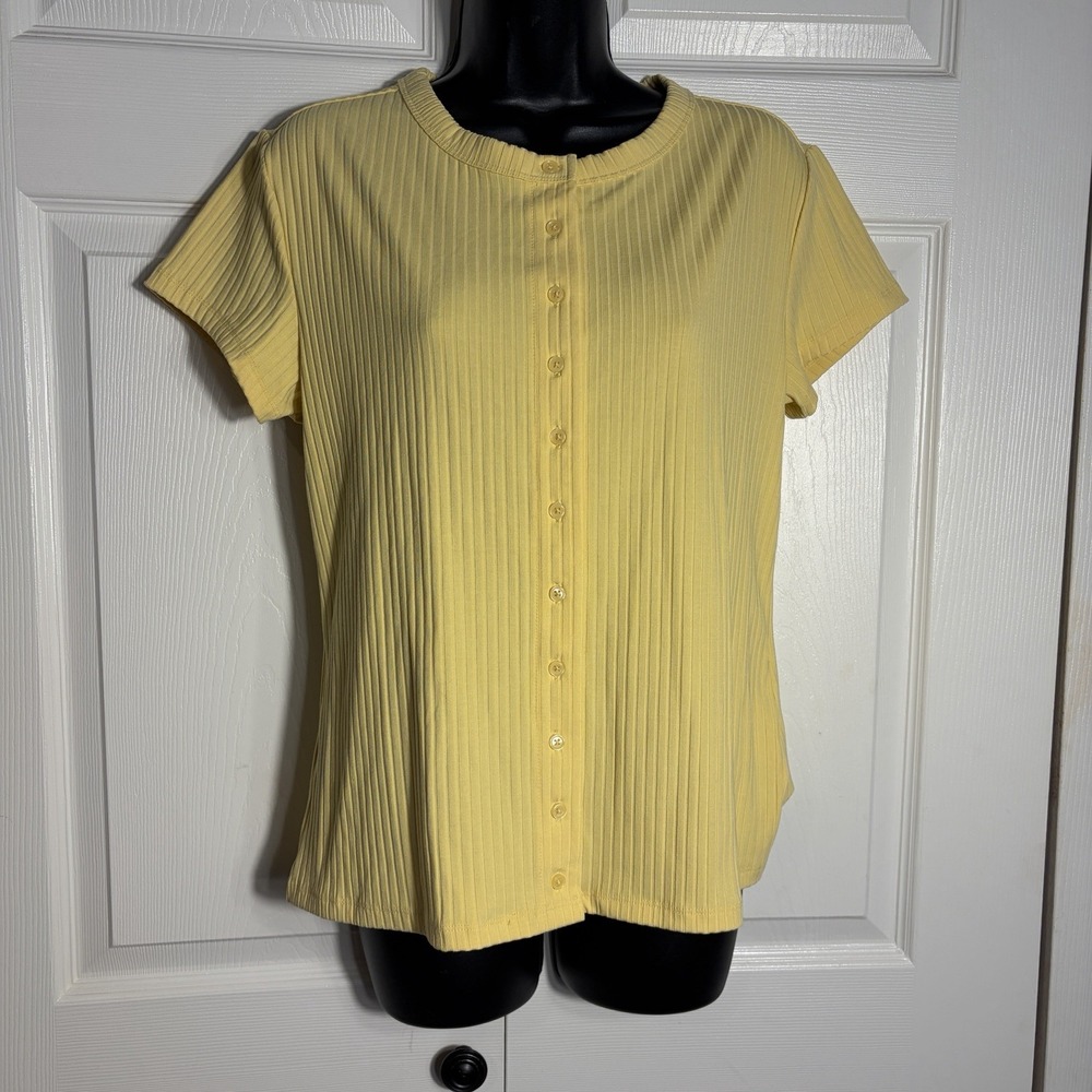 Banana Republic Factory Ribbed Knit Shirt Women L Yellow Short Sleeve Button Up